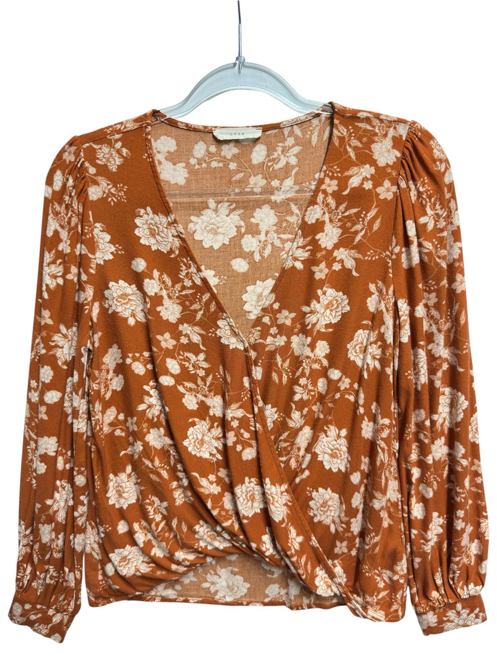 Pure Rayon Gauze Chambray Flannel Knit Rust Floral Drape Wrap Surplice Blouse